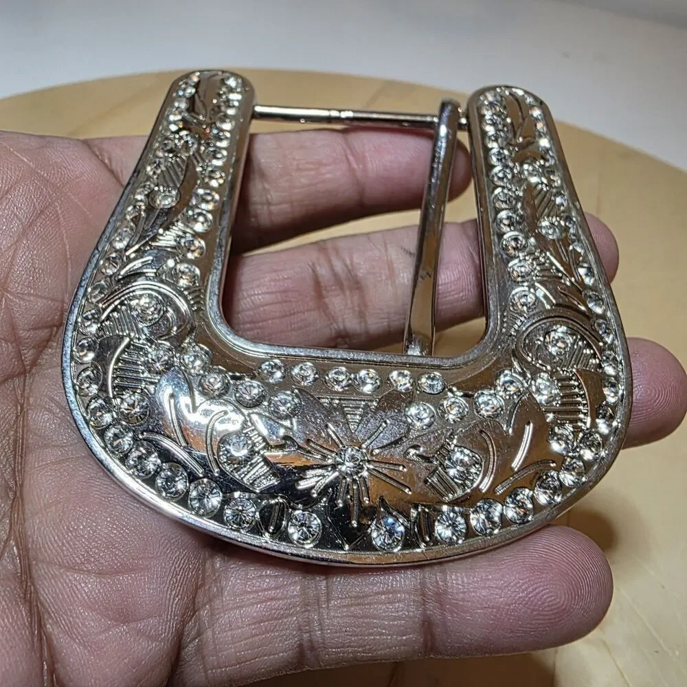 Western-style Silver Tone rhinestone belt buckle Scroll Pattern Cowboy Cowgirl